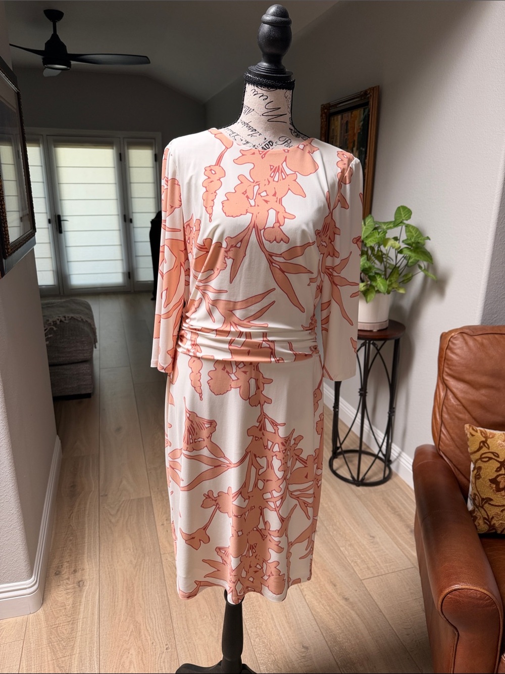 Lauren Ralph Lauren Cream Midi Dress with Peach Floral Print